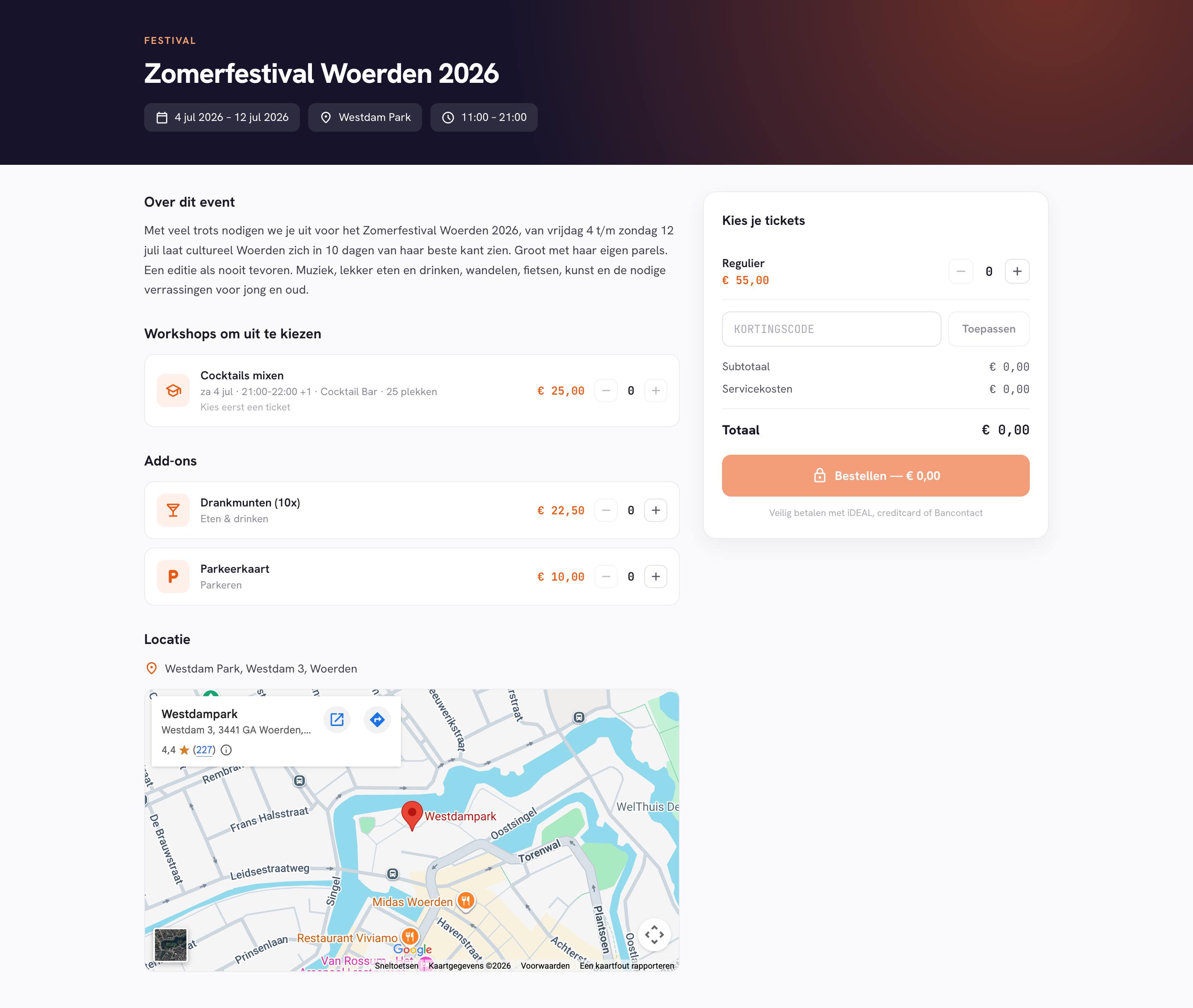 Verkooppagina van Zomerfestival Woerden met tickettypes en winkelwagen